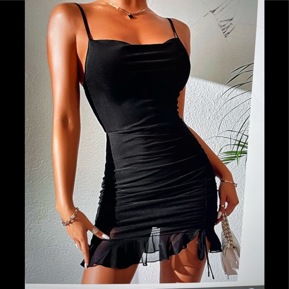 Black draped collar ruched knot ruffle hem mesh cami dress